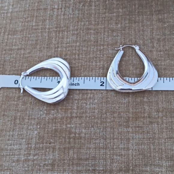 Silver Latch Back Triangle Puffy Hoop Earrings - Picture 2 of 10